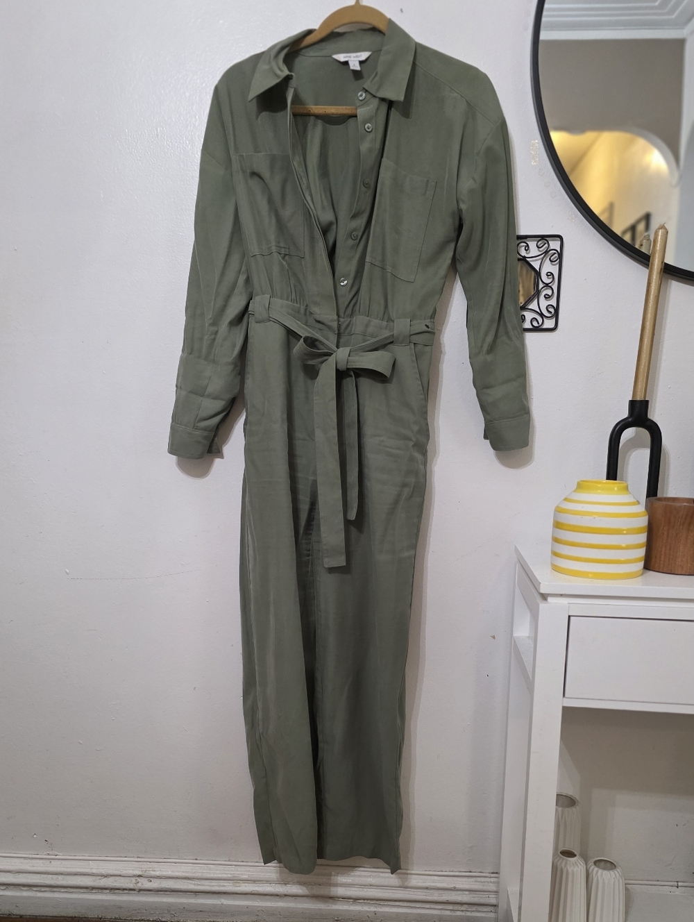 Nine West Olive Green Tie-Waist Utility Jumpsuit